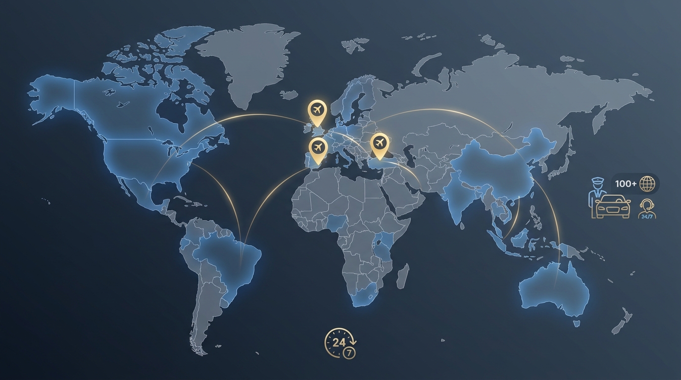 World map visualization highlighting ROLZO's global reach across 100+ countries, with key airport markers for locations mentioned (Manchester Airport, Sabiha Gökçen Airport, Alicante Airport)