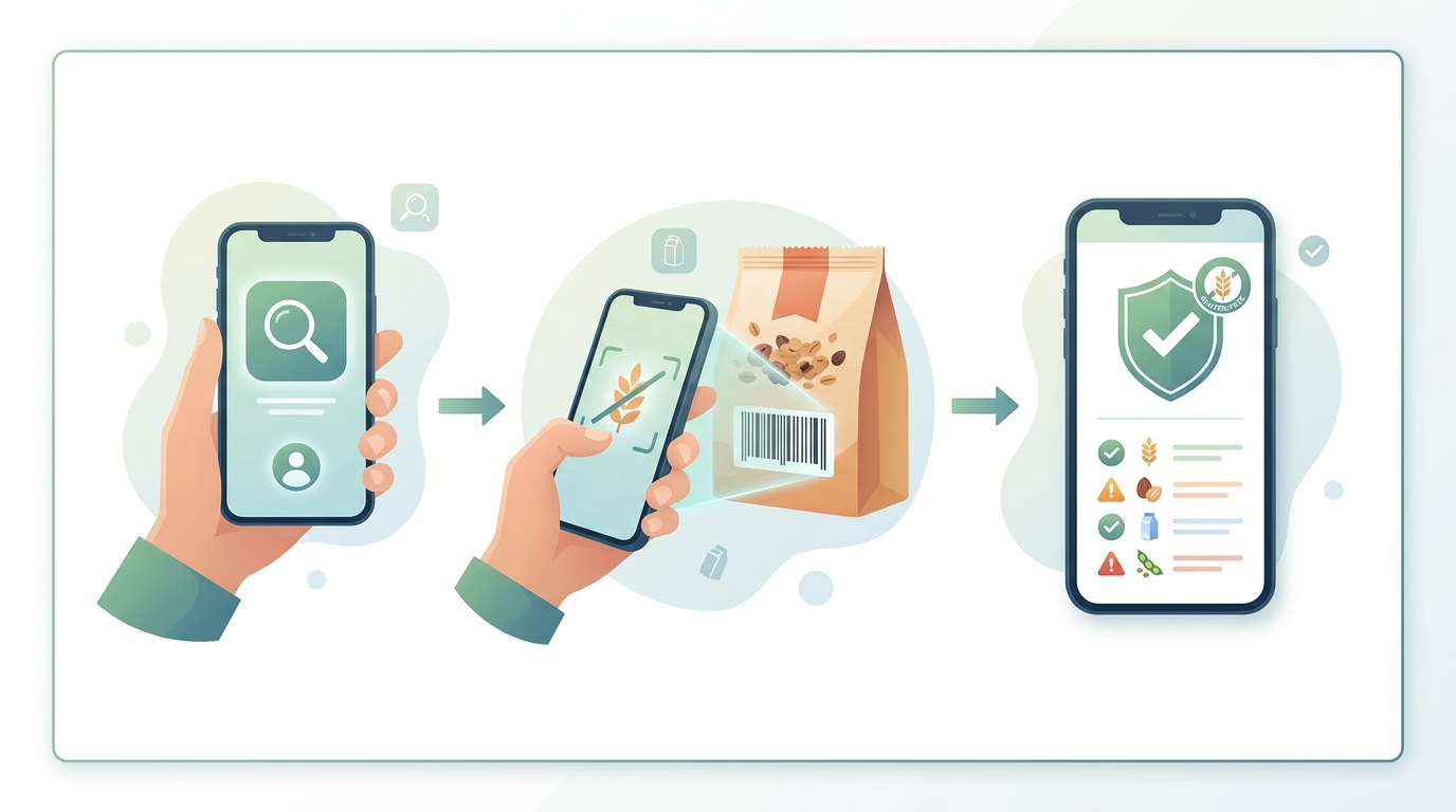 Step-by-step visual diagram showing: 1) smartphone with app open, 2) scanning product barcode, 3) app screen displaying gluten status and allergen warnings