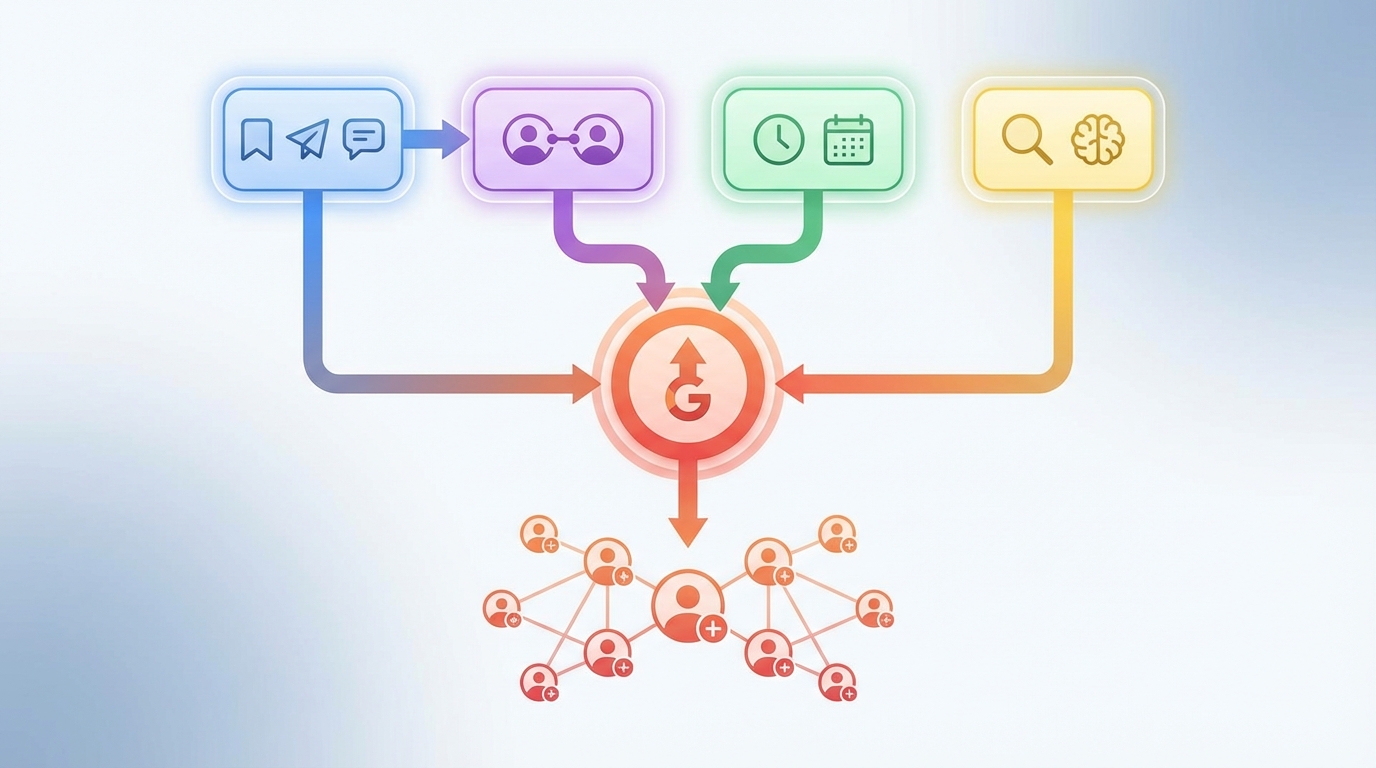 Flowchart or diagram illustrating Instagram's algorithm factors: engagement metrics (saves, shares, comments), relationships, timeliness, user interests, and how they connect to content reach and follower growth