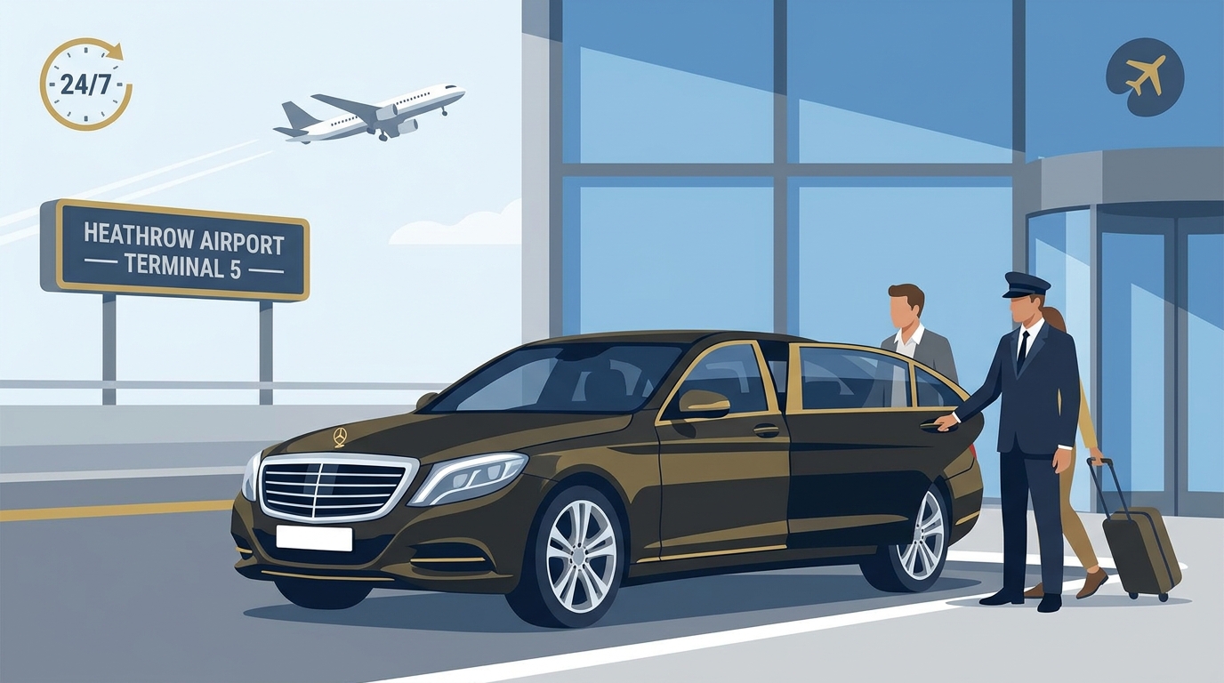 Hero image showing a professional chauffeur in a dark suit opening the door of a luxury black sedan (e.g., Mercedes-Benz S-Class) outside Heathrow Airport terminal, with a traveler being greeted