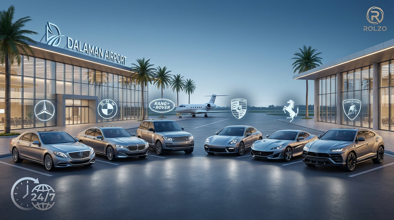 Visual fleet showcase displaying the luxury vehicle lineup including Mercedes-Benz S-Class, BMW 7 Series, Range Rover, Porsche, Ferrari, and Lamborghini with brand logos