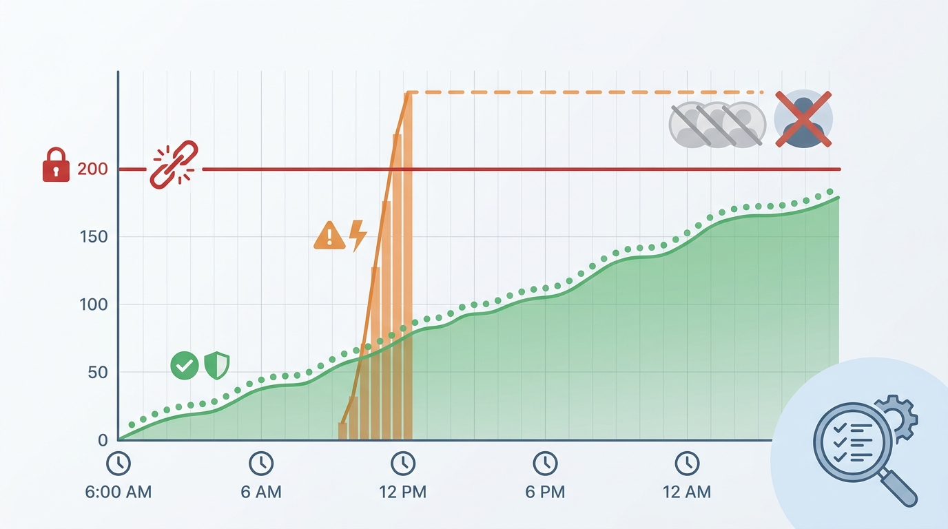 Visual representation showing the daily unfollow limit of 200 accounts, with a timeline indicating safe unfollowing patterns throughout the day versus risky bulk unfollowing that triggers action blocks