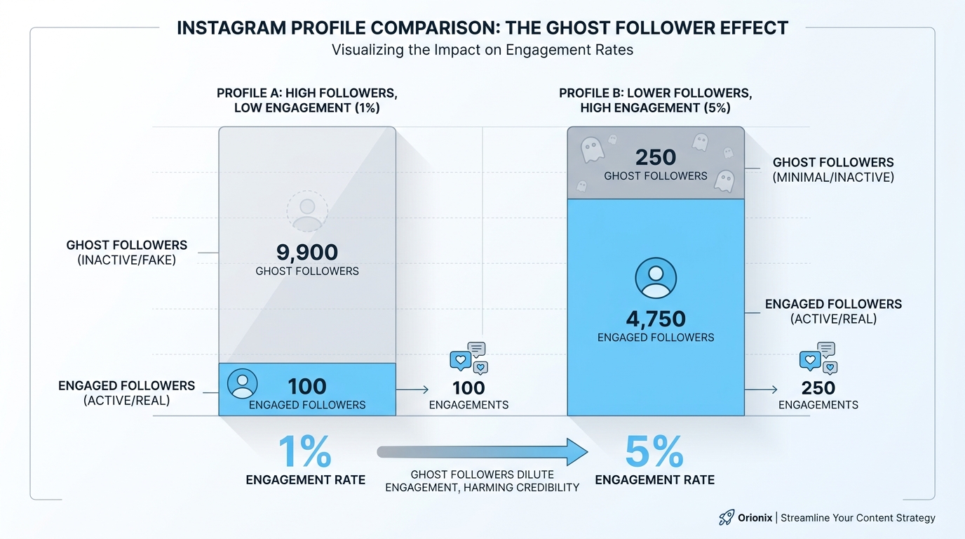 Visual comparison showing two Instagram profiles side-by-side: one with 10,000 followers and 100 engagements (1% rate) vs. one with 5,000 followers and 250 engagements (5% rate), demonstrating how ghost followers lower engagement percentages