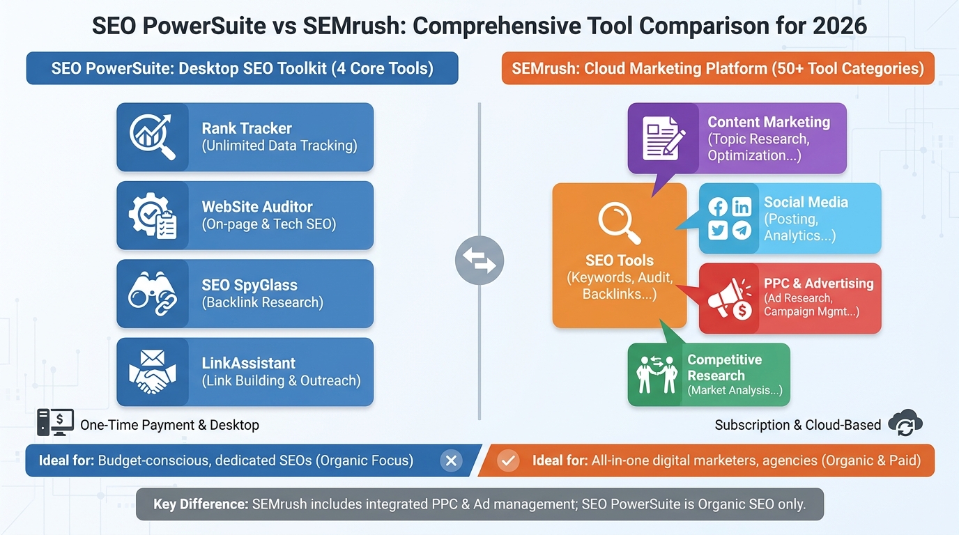 Side-by-side visual comparison showing SEO PowerSuite's 4 core tools (Rank Tracker, WebSite Auditor, SEO SpyGlass, LinkAssistant) versus SEMrush's 50+ tool categories (keyword research, site audit, backlink analysis, content marketing, social media, PPC, etc.)