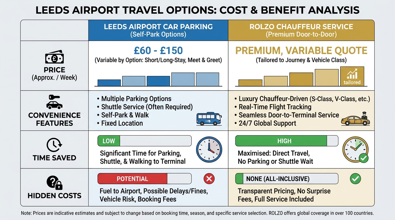 Side-by-side comparison table showing costs and benefits: Leeds airport parking (£60-150/week) vs ROLZO chauffeur service, including columns for price, convenience features, time saved, and hidden costs