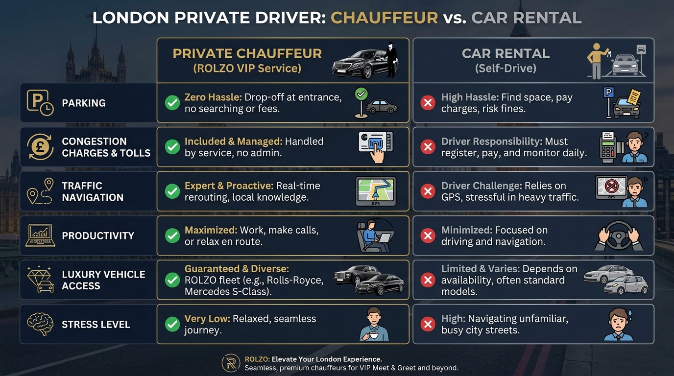 Side-by-side comparison chart of 'Private Chauffeur vs. Car Rental' covering factors like parking, congestion charges, traffic navigation, productivity, luxury vehicle access, and stress level