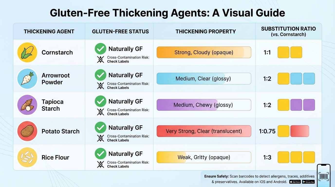 Visual comparison chart of gluten-free thickening agents: cornstarch, arrowroot powder, tapioca starch, potato starch, and rice flour with their properties and substitution ratios