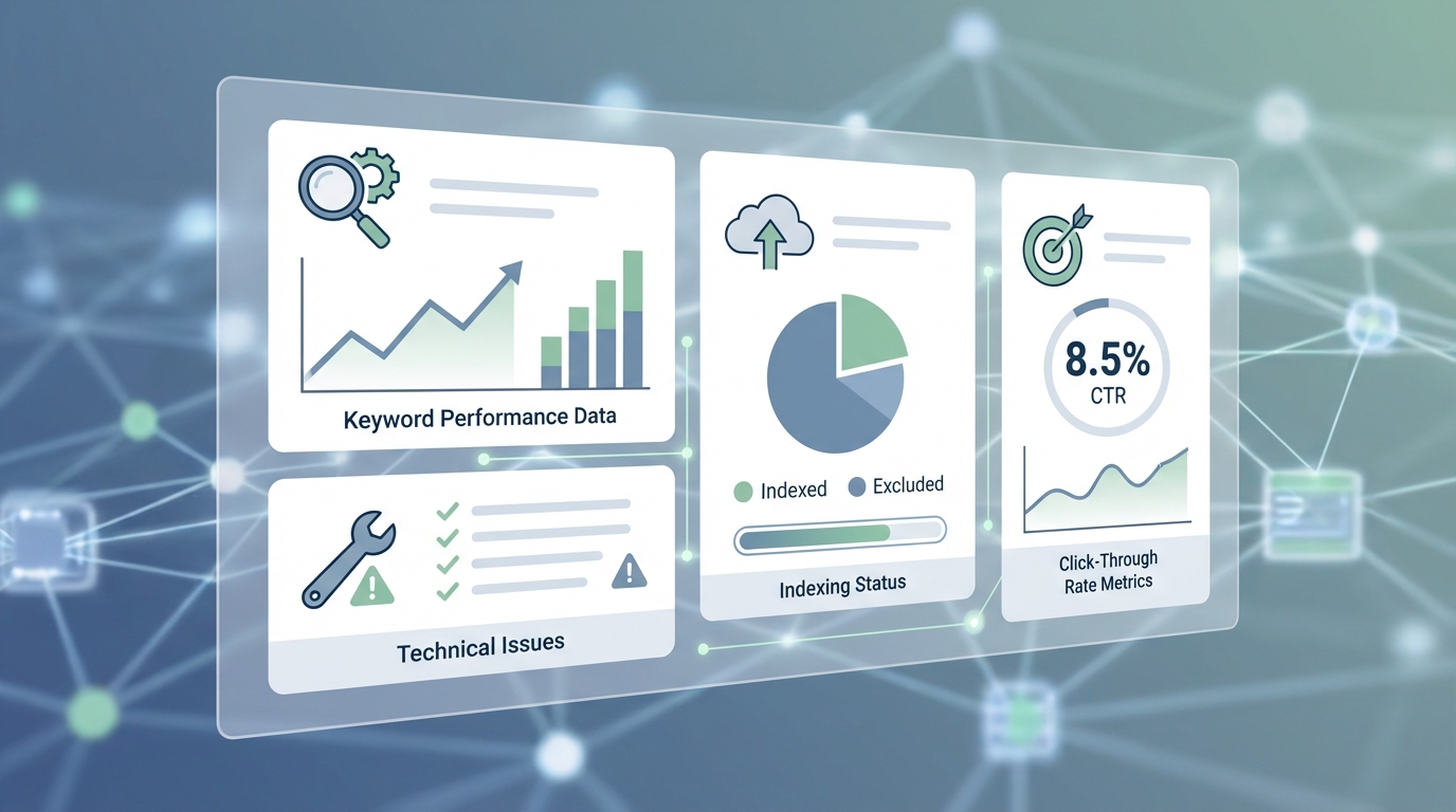 Dashboard screenshot or illustrated diagram showing key Google Search Console features: keyword performance data, technical issues panel, indexing status, and click-through rate metrics