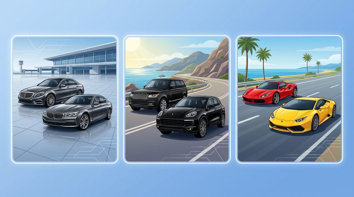 Grid showcase of luxury vehicle categories with representative images: Premium sedans (Mercedes S-Class, BMW 7 Series), SUVs (Range Rover, Porsche Cayenne), and Supercars (Ferrari, Lamborghini)
