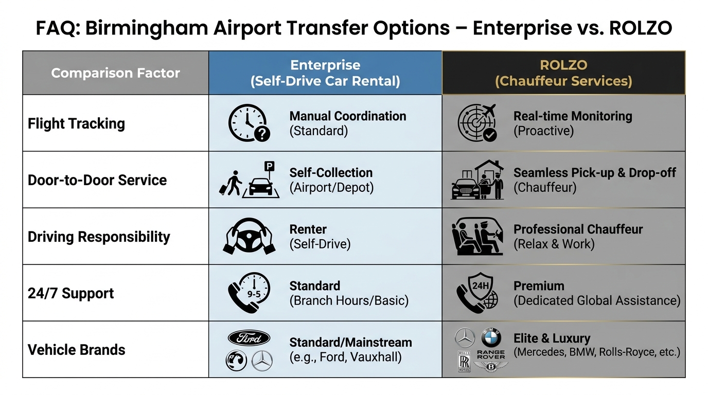 Side-by-side comparison table contrasting self-drive car rental (Enterprise) versus ROLZO chauffeur services across factors like flight tracking, door-to-door service, driving responsibility, 24/7 support, and vehicle brands