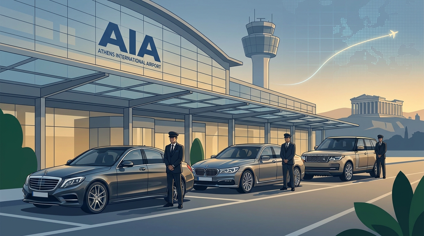 Hero image showing luxury vehicles (Mercedes S-Class, BMW 7 Series, Range Rover) lined up at Athens Airport terminal with professional chauffeurs standing beside them