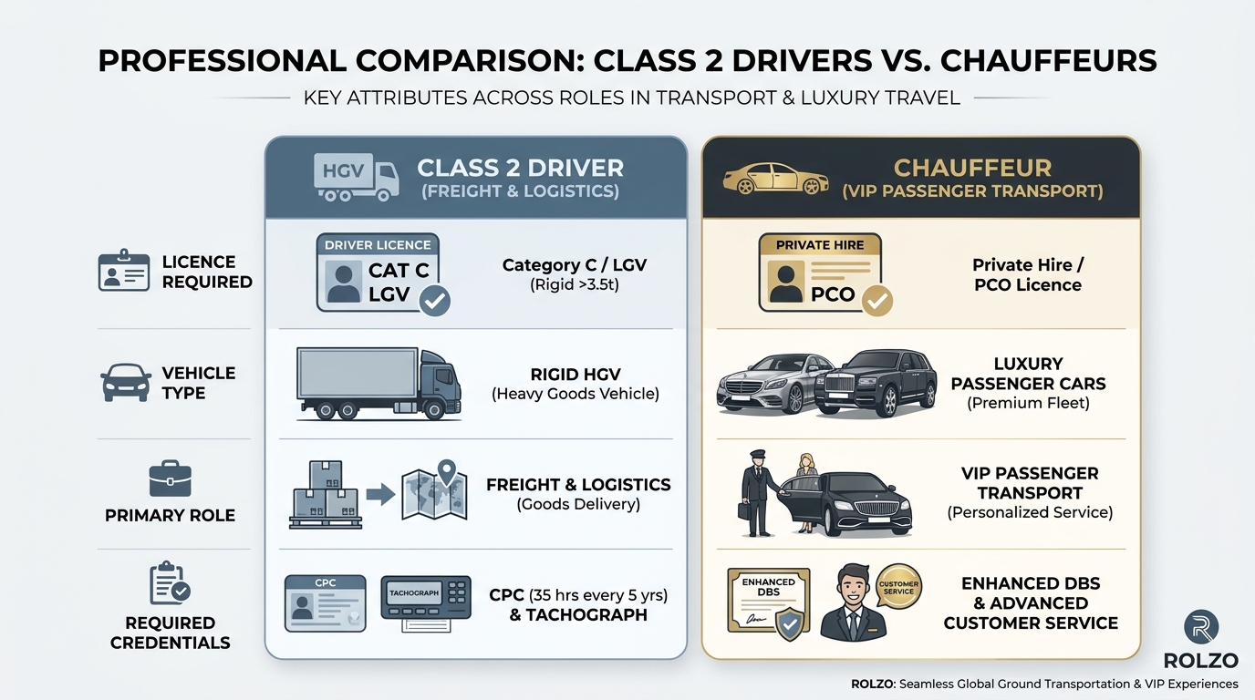 Side-by-side comparison table contrasting class 2 drivers vs. chauffeurs across key attributes: licence required (Category C/LGV vs. private hire/PCO), vehicle type (rigid HGV vs. luxury passenger cars), primary role (freight/logistics vs. VIP passenger transport), and required credentials (CPC, tachograph vs. enhanced DBS, customer service)