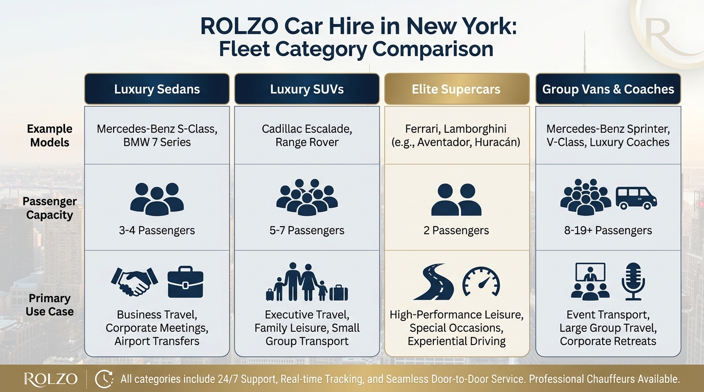 Comparison table/grid of ROLZO's fleet categories (luxury sedans, SUVs, supercars, group vans/coaches) listing example models like Mercedes-Benz S-Class, BMW 7 Series, Cadillac Escalade, Range Rover, Ferrari, Lamborghini, and Sprinter vans with passenger capacity and use case