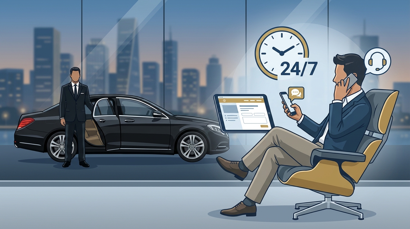 An illustration or photo depicting a traveller interacting with customer support via a mobile app, website, and phone simultaneously, with icons representing 24/7 availability and a chauffeur/luxury vehicle in the background