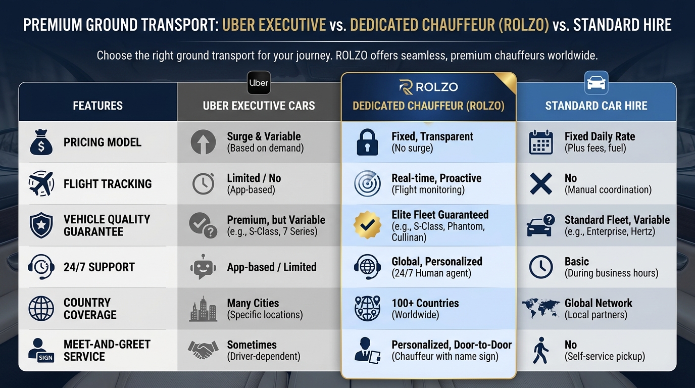 Comparison table contrasting Uber Executive Cars vs. dedicated chauffeur services (ROLZO) vs. standard car hire across key features: pricing (fixed vs. surge), flight tracking, vehicle quality guarantee, 24/7 support, country coverage, and meet-and-greet service