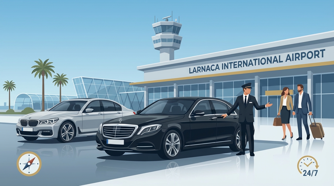 Hero image showing luxury vehicles (Mercedes-Benz S-Class, BMW 7 Series) at Larnaca Airport with professional chauffeur, emphasizing premium service quality