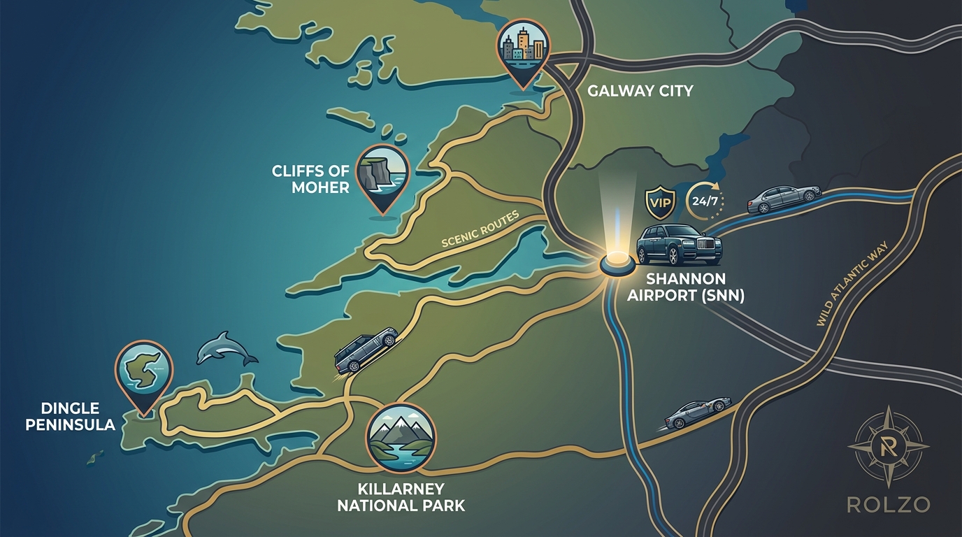 Map illustration of Ireland's West Coast highlighting Shannon Airport as a gateway with key destinations and scenic routes marked