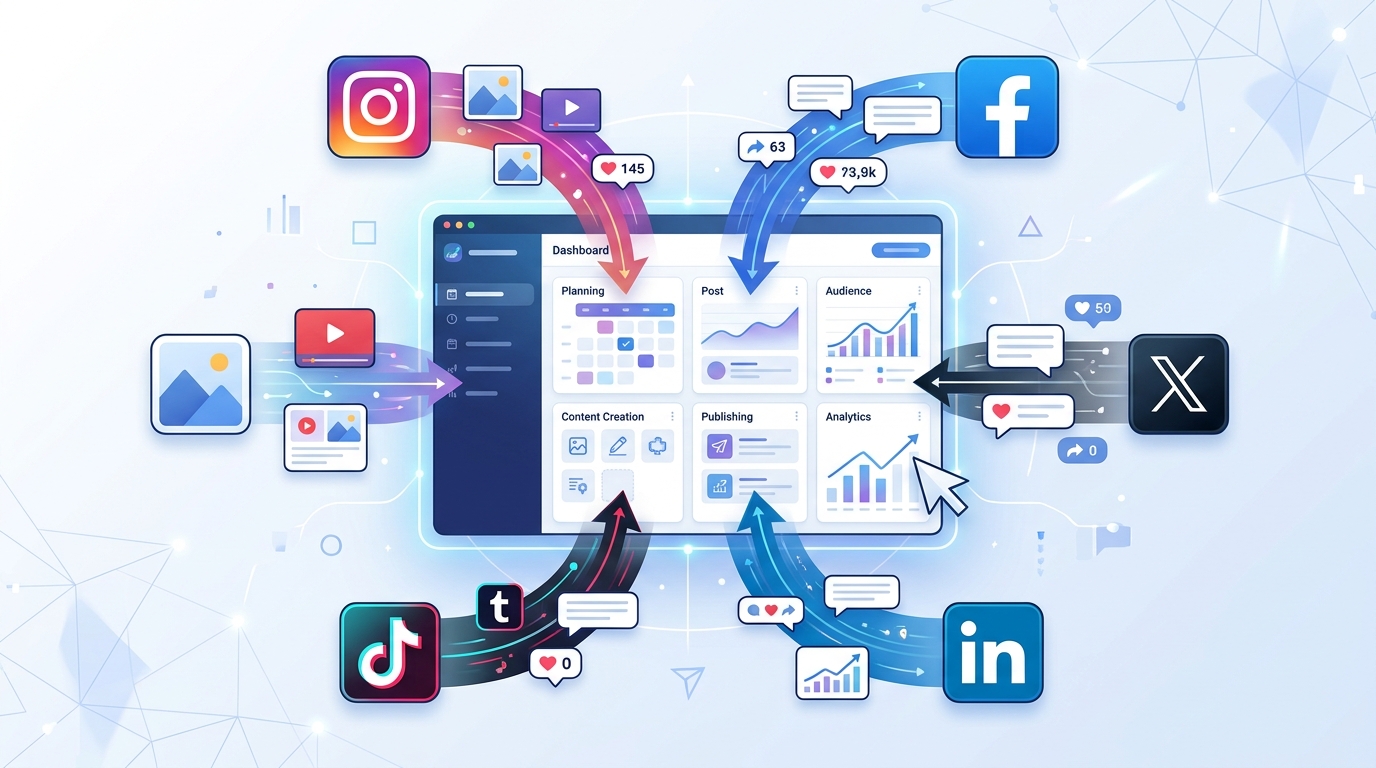A hero illustration showing multiple social media platform icons (Instagram, Facebook, TikTok, LinkedIn, X) connected to a central dashboard, representing centralized social media management