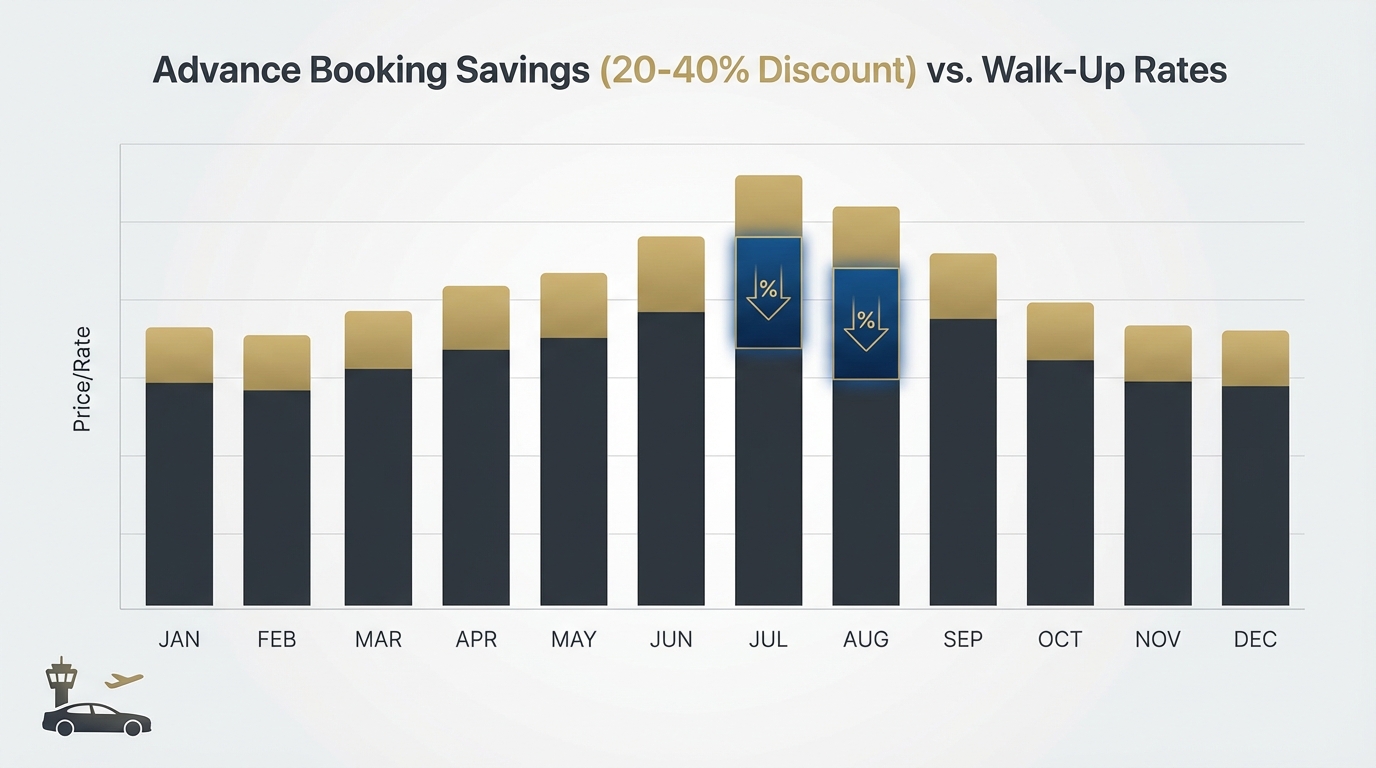 Bar chart comparing advance booking savings (20-40% discount) versus walk-up rates, with seasonal price variations highlighted for peak summer months
