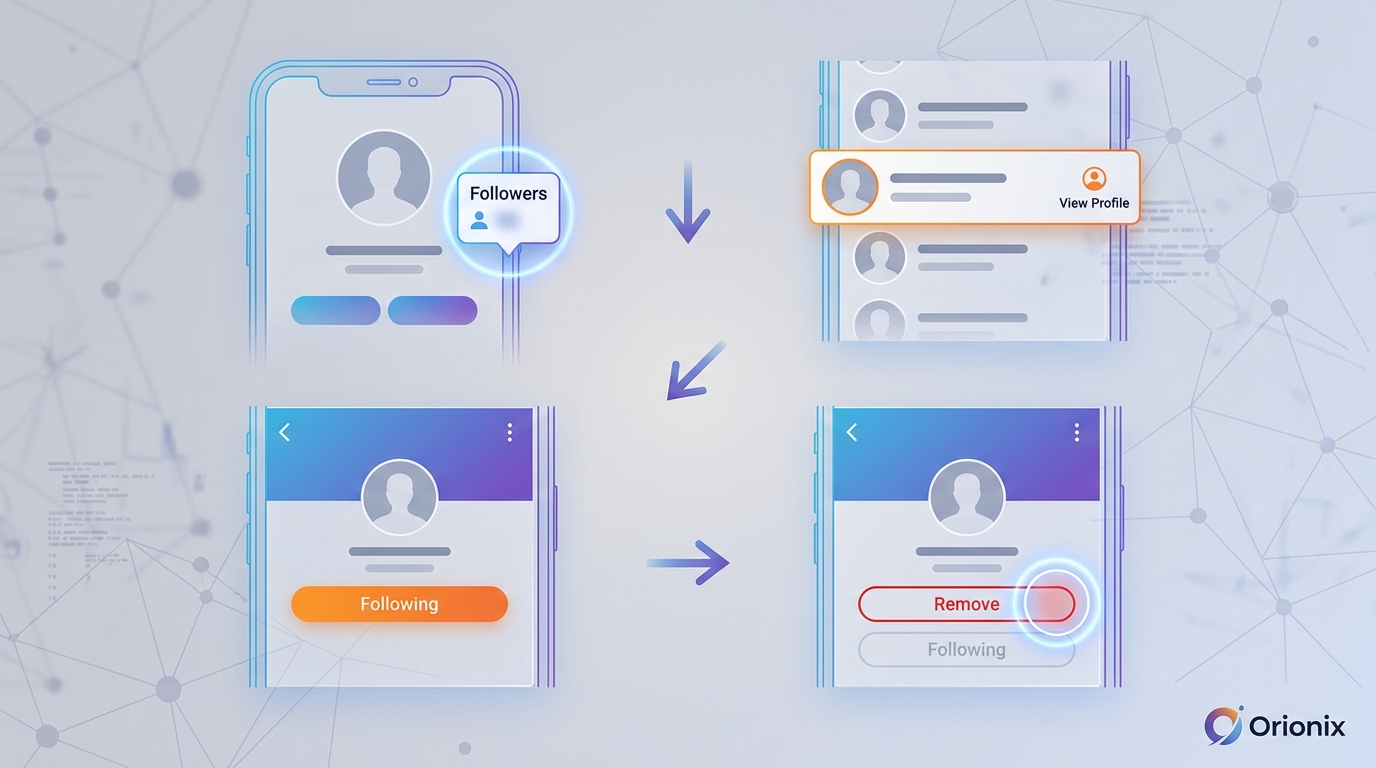 Step-by-step visual guide showing Instagram mobile interface screenshots: navigating to profile → tapping followers → selecting an account → clicking 'Remove' button