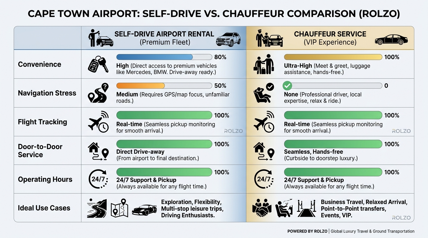 Side-by-side comparison table contrasting self-drive airport rental versus chauffeur service across key factors: convenience, navigation stress, flight tracking, door-to-door service, operating hours, and ideal use cases