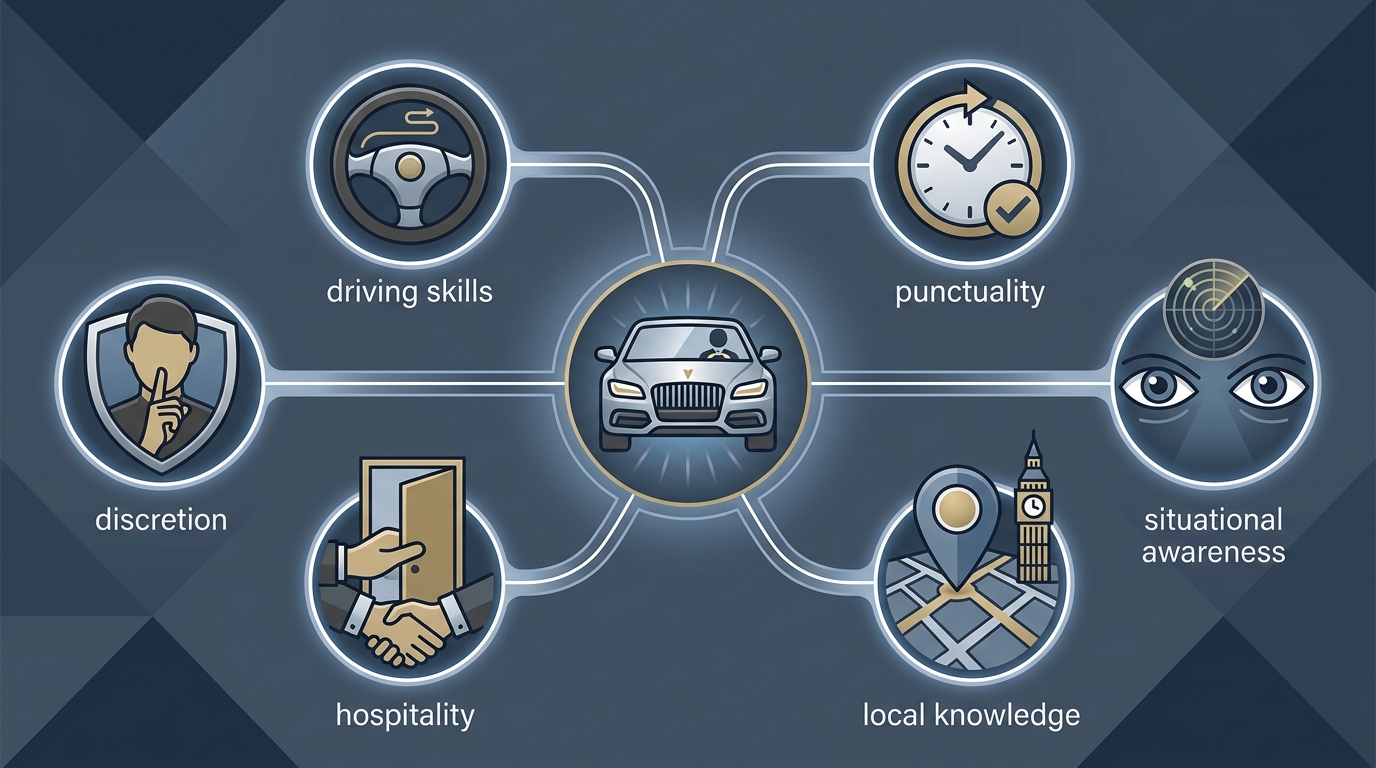 Diagram or infographic illustrating the core competencies of a professional chauffeur: driving skills, hospitality, discretion, situational awareness, punctuality, and local knowledge
