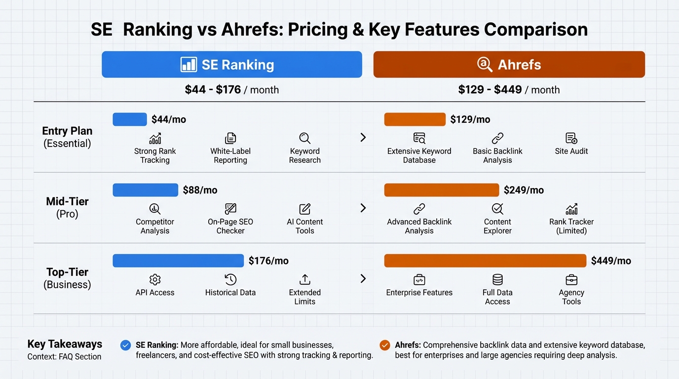 Pricing comparison table showing SE Ranking ($44-$176/month) vs Ahrefs ($129-$449/month) across different plan tiers with key features included at each level