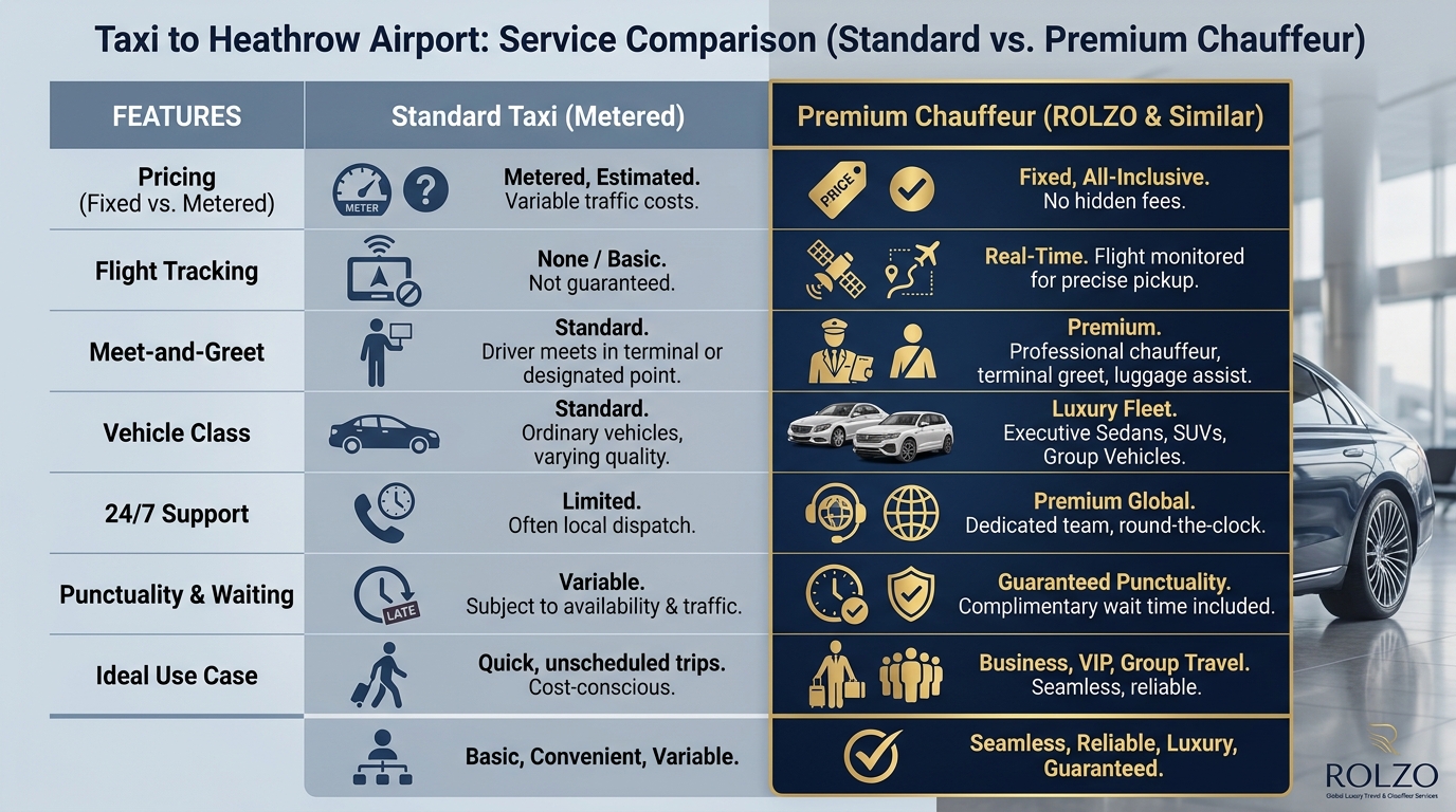 Side-by-side comparison table contrasting Standard Taxi vs. Premium Chauffeur Service across features: pricing (fixed vs. metered), flight tracking, meet-and-greet, vehicle class, 24/7 support, and ideal use case