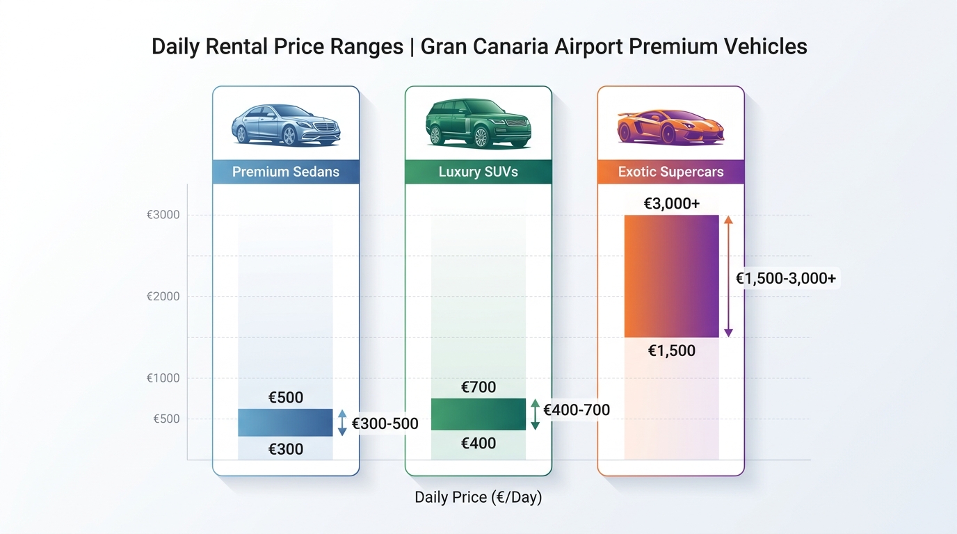 Comparison table or infographic showing daily rental price ranges across vehicle categories: Premium Sedans (€300-500), Luxury SUVs (€400-700), Exotic Supercars (€1,500-3,000+)