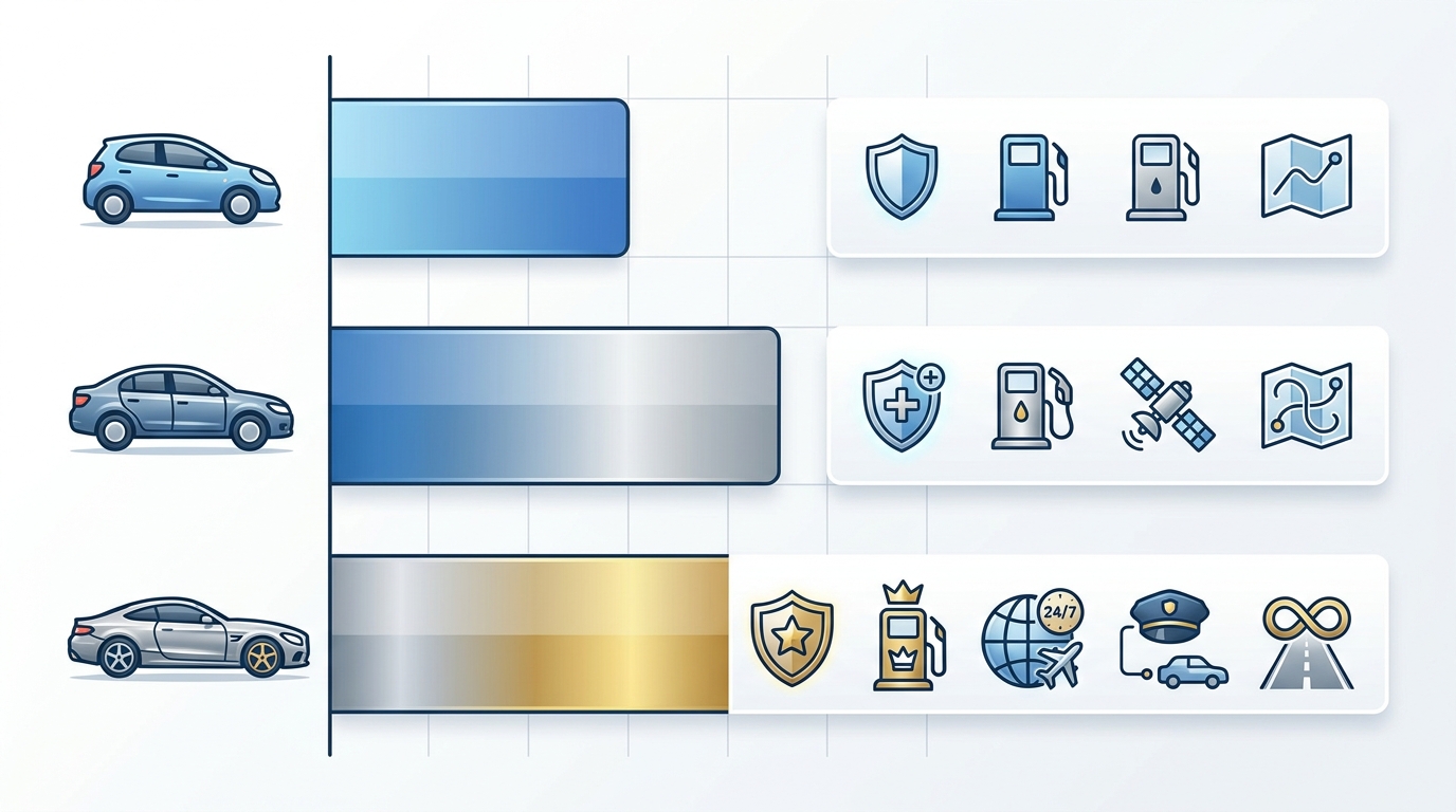 Bar chart or infographic comparing daily rental costs across vehicle categories (economy £30-50, mid-size £50-80, luxury £100-150+) with visual representation of what's included in each price point