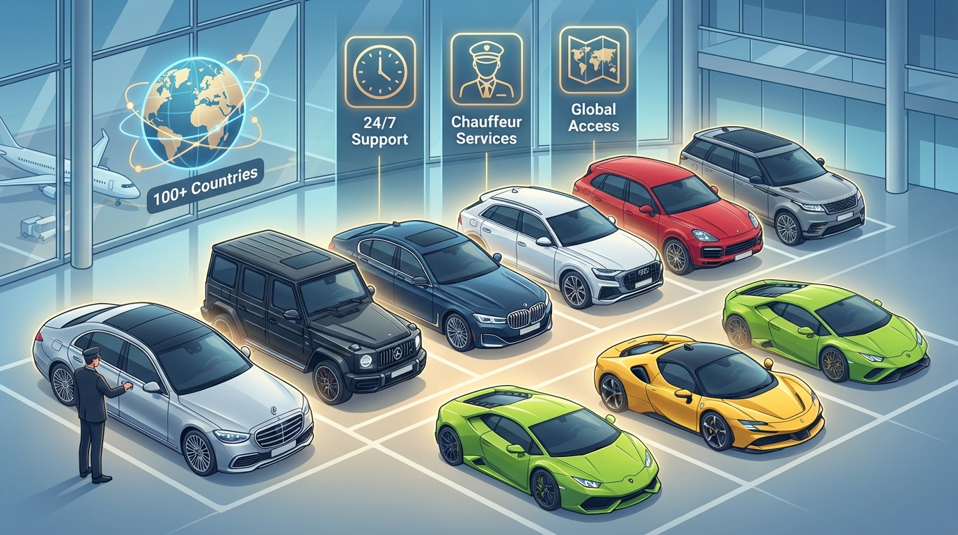 Grid or carousel showcasing the luxury fleet including Mercedes-Benz S-Class/G-Class, BMW 7 Series, Audi Q8, Porsche Cayenne, Range Rover, and exotic supercars like Ferrari and Lamborghini