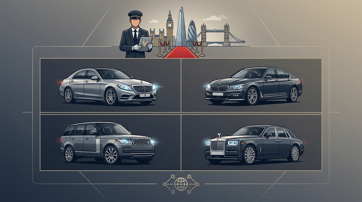 Visual gallery or icon grid displaying the luxury vehicle fleet commonly used by chauffeurs: Mercedes-Benz S-Class, BMW 7 Series, Range Rover, and Rolls-Royce