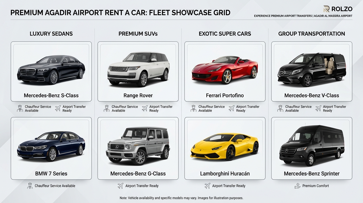 Visual fleet showcase grid displaying 6-8 vehicle categories with images: luxury sedans (Mercedes S-Class, BMW 7 Series), SUVs (Range Rover, G-Class), supercars (Ferrari, Lamborghini), and group vehicles (Sprinter, V-Class)