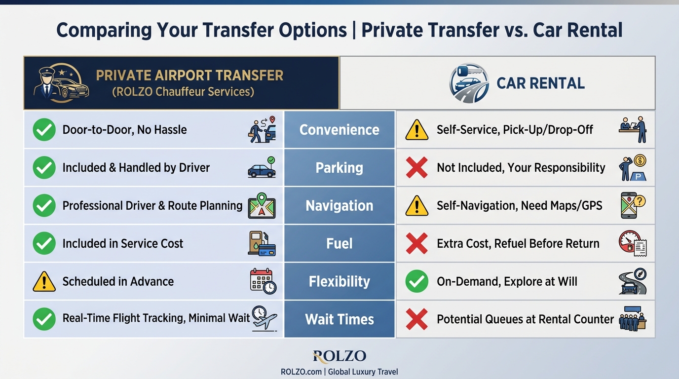 Side-by-side comparison table contrasting private airport transfer vs. car rental across factors like convenience, parking, navigation, fuel, flexibility, and wait times