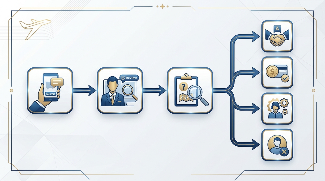 A step-by-step flow diagram showing the reporting process: Submit Report → Provider Reviews → Investigation → Possible Outcomes (apology, refund/credit, driver retraining, platform removal)