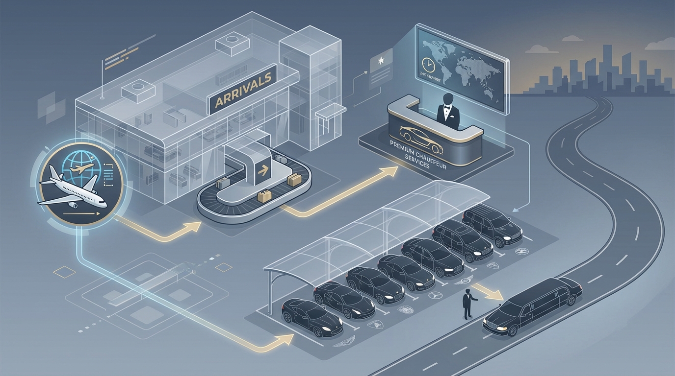 Infographic showing the Larnaca Airport arrivals terminal layout with rental desk locations and pickup process flow