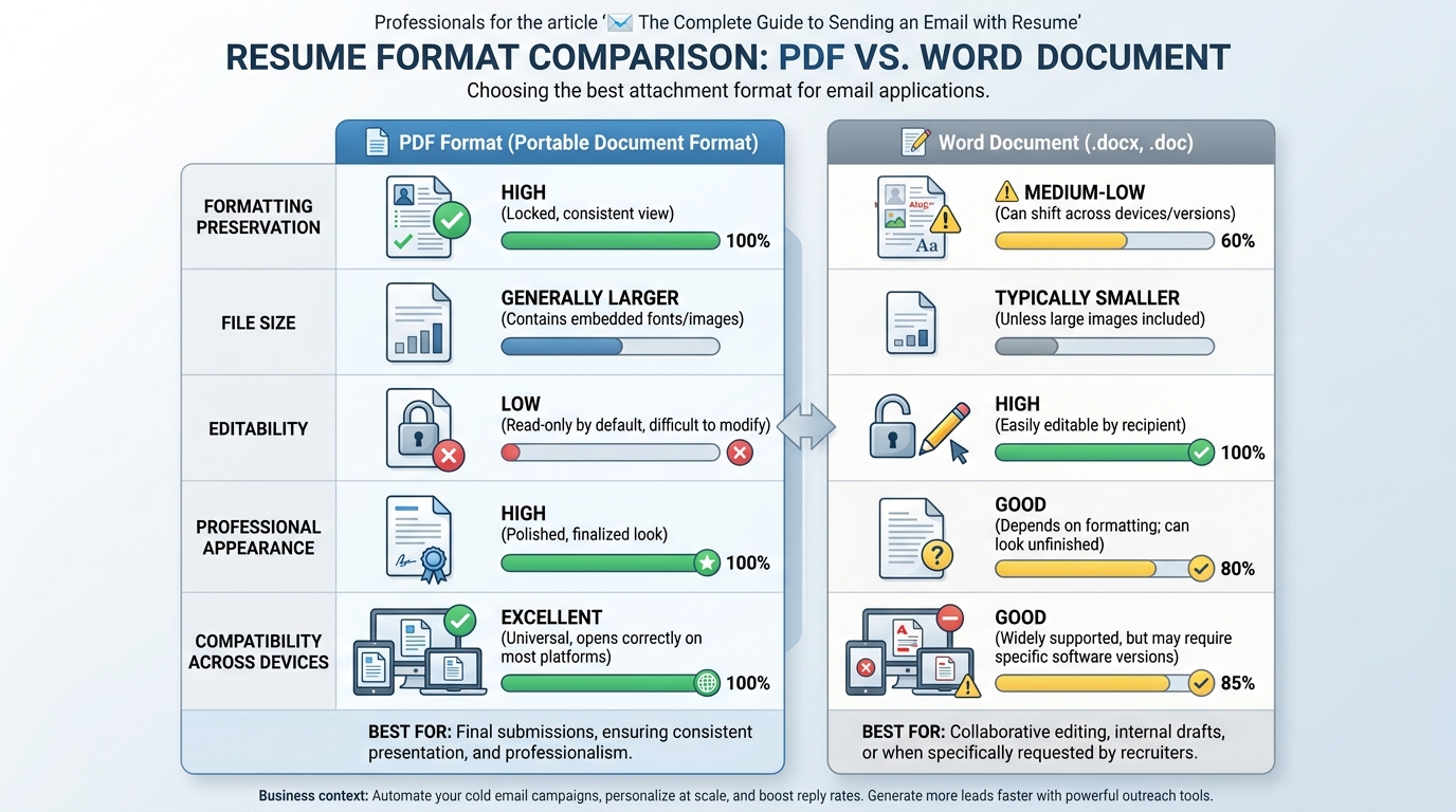 Comparison table showing PDF vs Word document formats with columns for: formatting preservation, file size, editability, professional appearance, and compatibility across devices