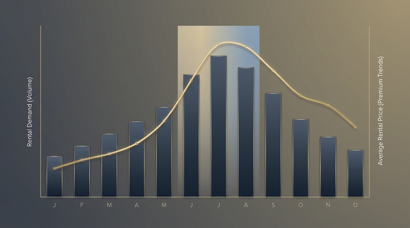 Line or bar chart showing seasonal rental demand and price trends across months, highlighting the peak summer season from June to September