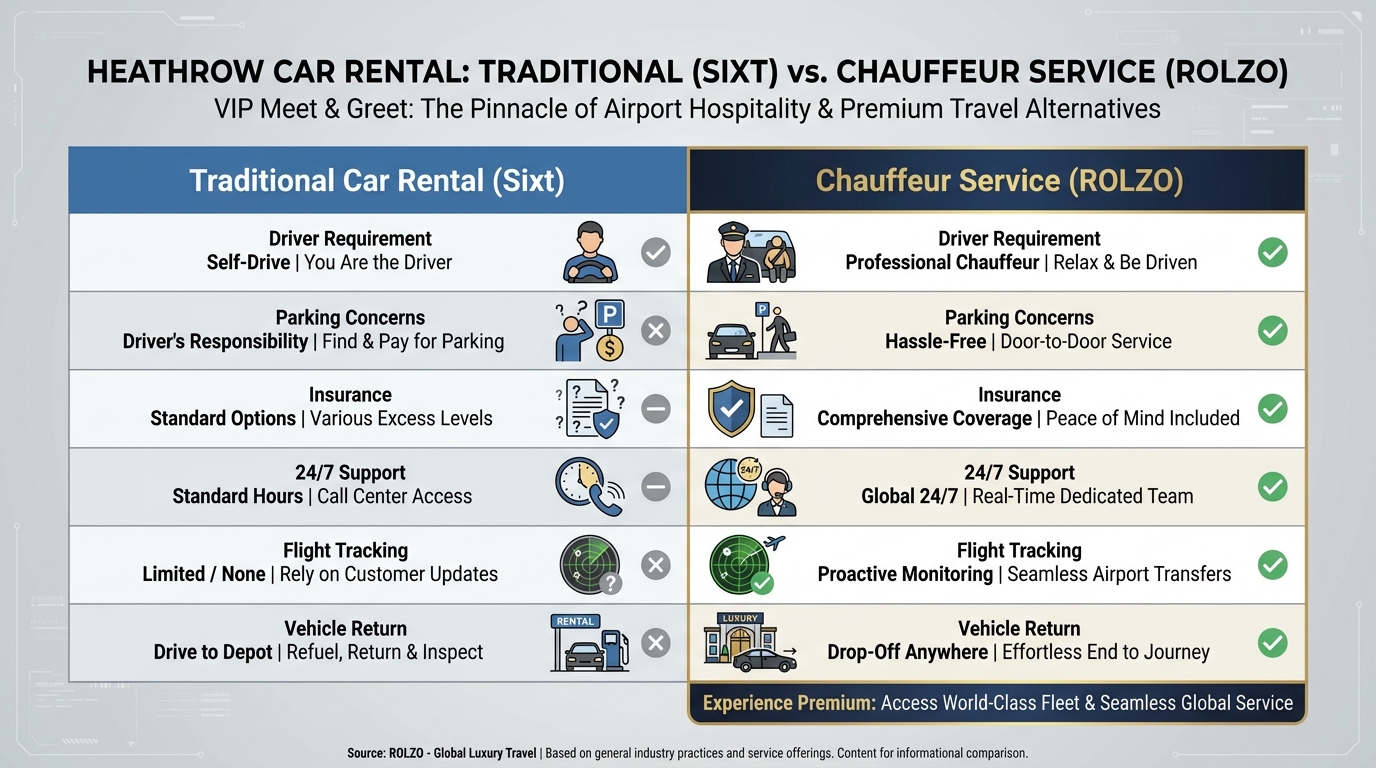 Side-by-side comparison infographic: Traditional Car Rental (Sixt) vs Chauffeur Service (ROLZO), showing key differentiators like driver requirement, parking concerns, insurance, 24/7 support, flight tracking, and vehicle return
