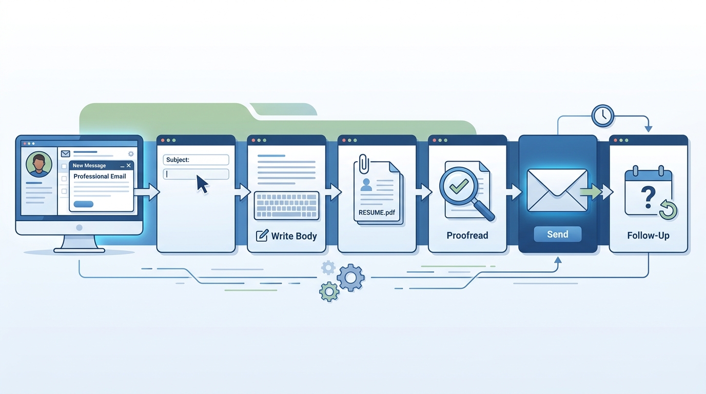 Step-by-step visual diagram showing the email sending process: professional email setup → crafting subject line → writing body → attaching PDF resume → proofreading → sending → follow-up