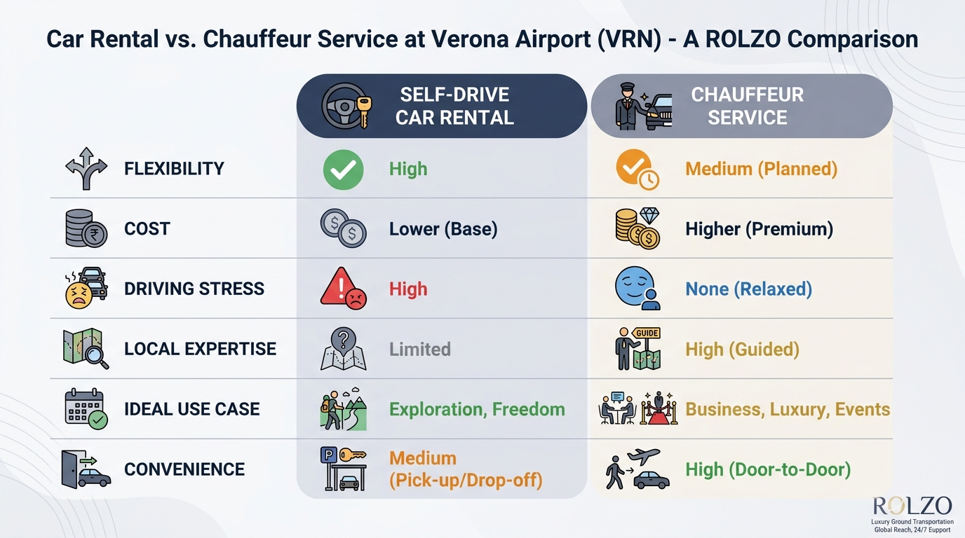 Side-by-side comparison table contrasting self-drive car rental vs. chauffeur service across factors like flexibility, cost, driving stress, local expertise, ideal use case, and convenience