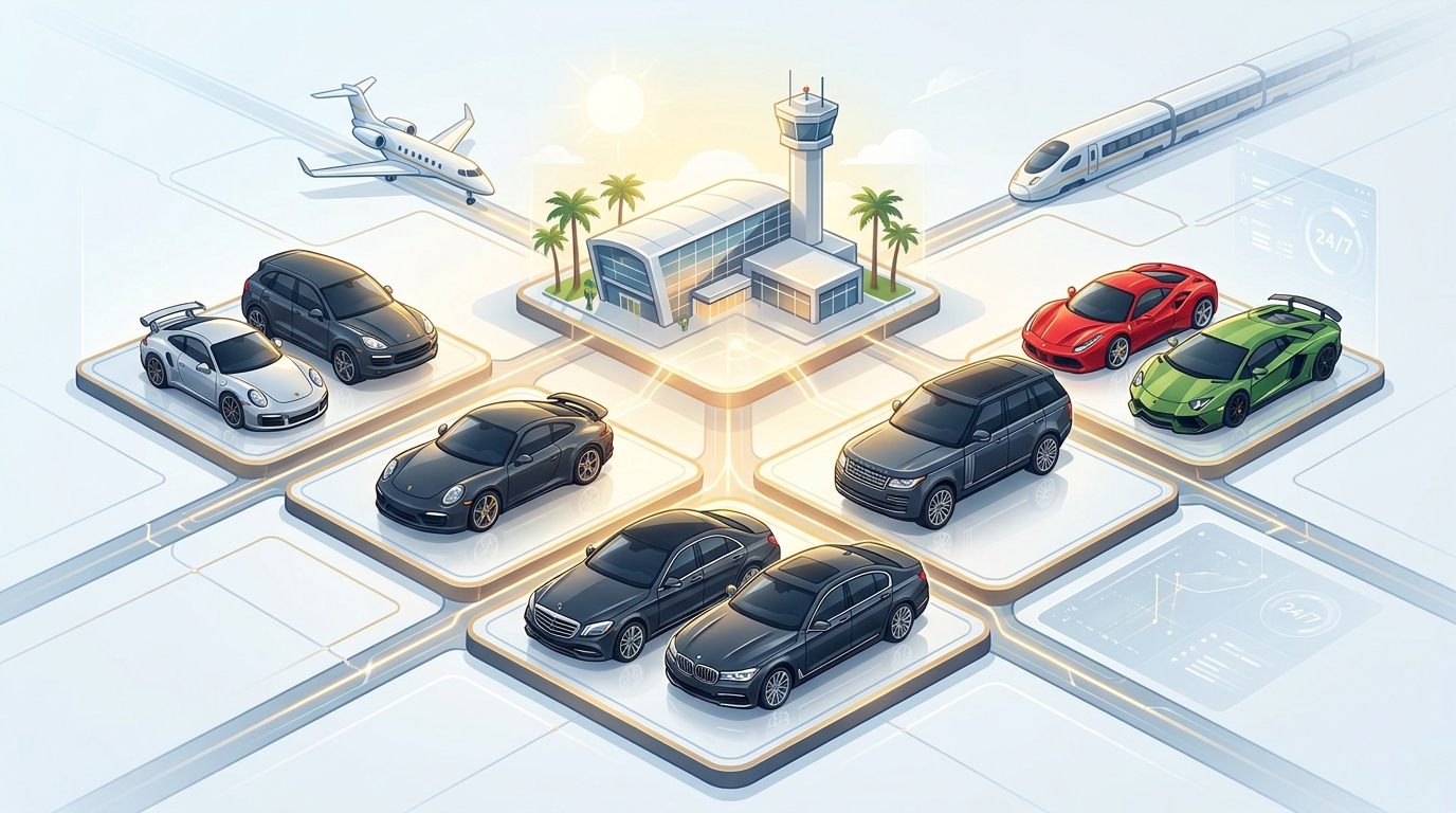 Visual showcase/grid of ROLZO's premium fleet including Mercedes-Benz S-Class, BMW 7 Series, Porsche 911 and Cayenne, Range Rover, and supercars like Ferrari and Lamborghini