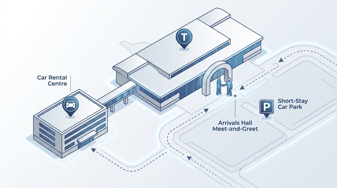 Map or wayfinding diagram of Toulouse-Blagnac Airport showing terminal, car rental centre, short-stay car park, and arrivals hall meet-and-greet point