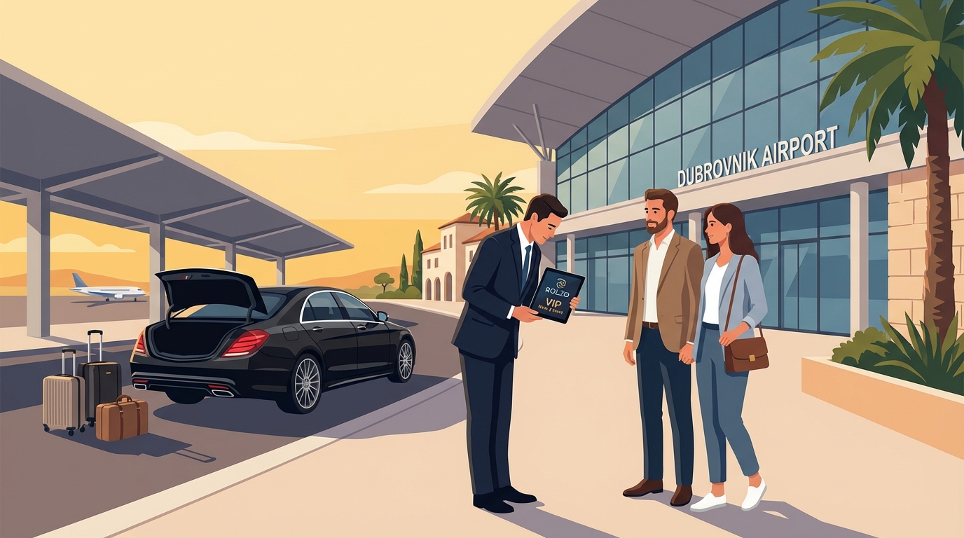 Professional chauffeur greeting clients at Dubrovnik Airport terminal with luxury vehicle in background, showing the VIP Meet & Greet experience