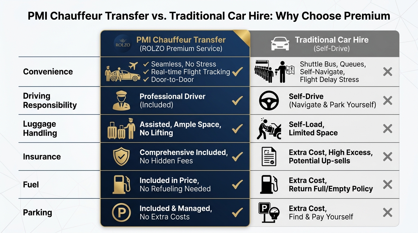 Comparison table contrasting PMI chauffeur transfer vs. traditional car hire across factors like convenience, driving responsibility, luggage handling, insurance, fuel, and parking