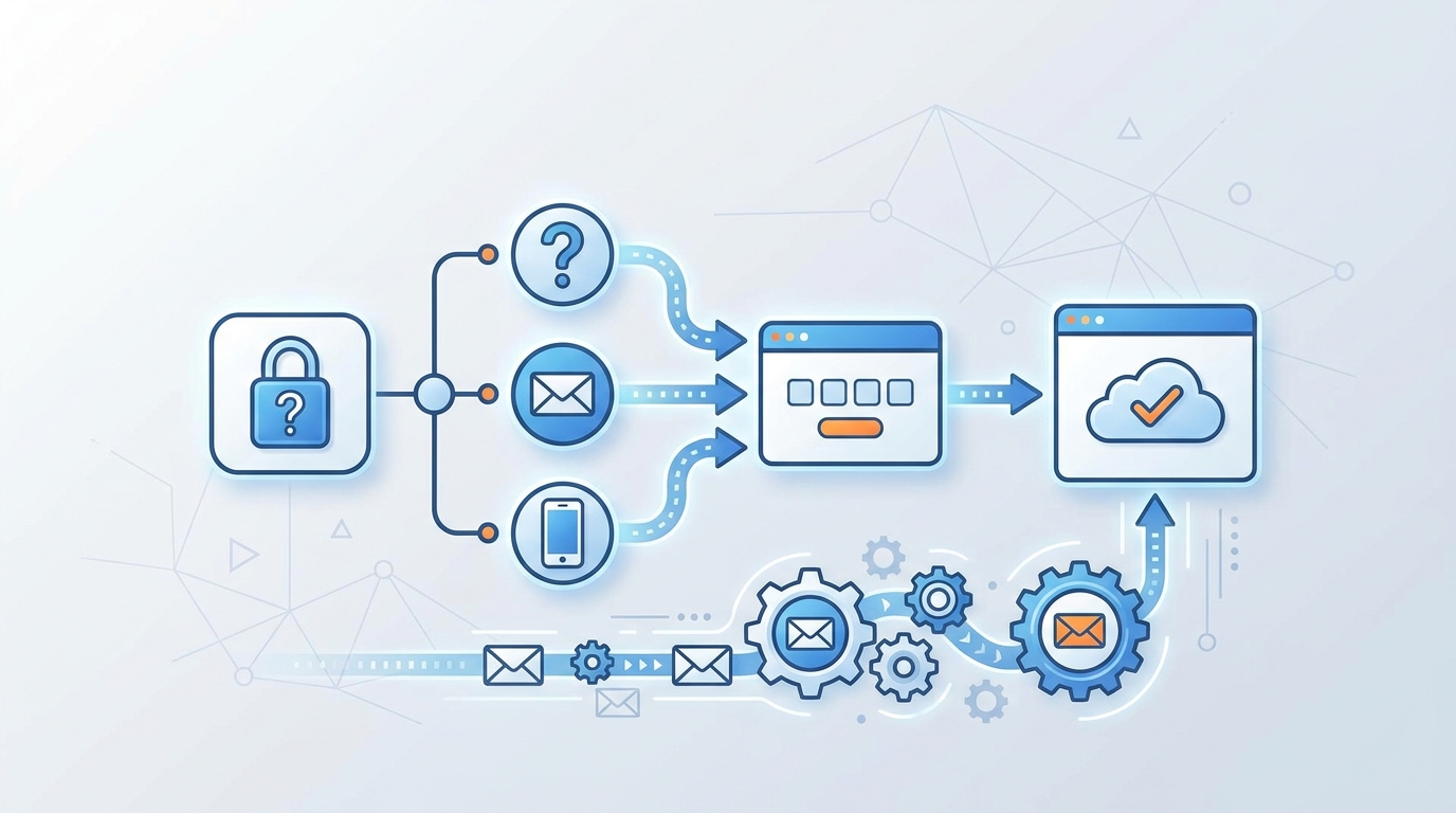 Flowchart diagram showing the password recovery process with decision points: starting at 'Forgot Password' button, verification method selection (security questions/alternate email/phone), code entry, and password reset completion