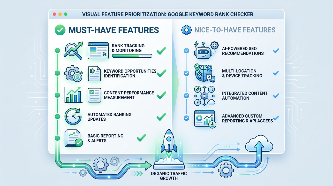 Visual checklist or infographic showing essential and advanced features of keyword rank checker tools, organized by priority (must-have vs nice-to-have features)