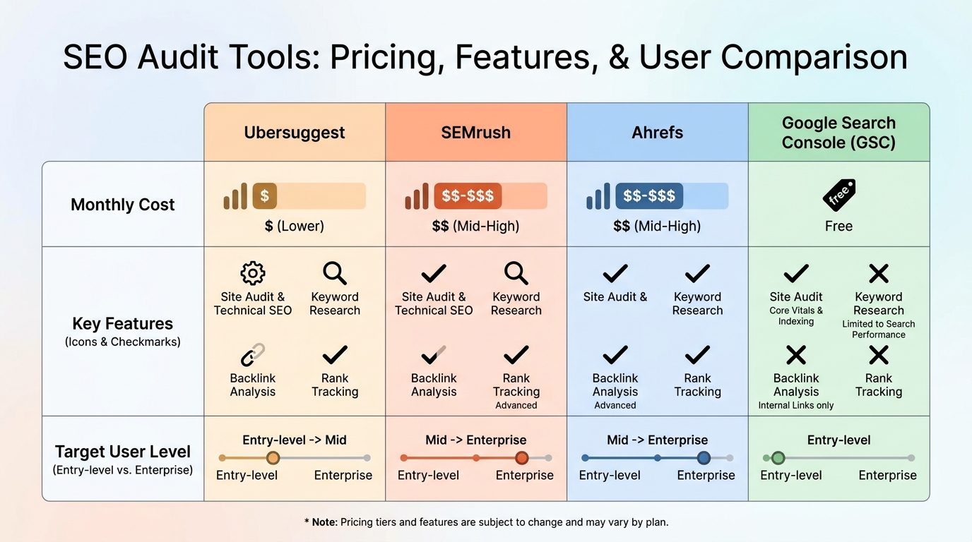 Pricing comparison table showing different SEO audit tools (Ubersuggest, SEMrush, Ahrefs, Google Search Console) with their monthly costs, key features, and target user levels (entry-level vs enterprise)