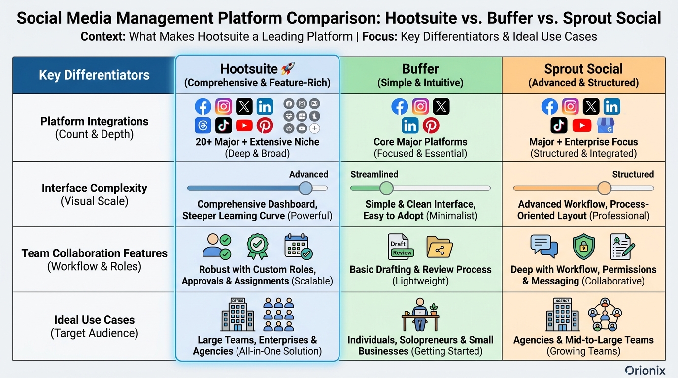 Comparison table showing Hootsuite vs Buffer vs Sprout Social, highlighting key differentiators like platform integrations, interface complexity, team collaboration features, and ideal use cases