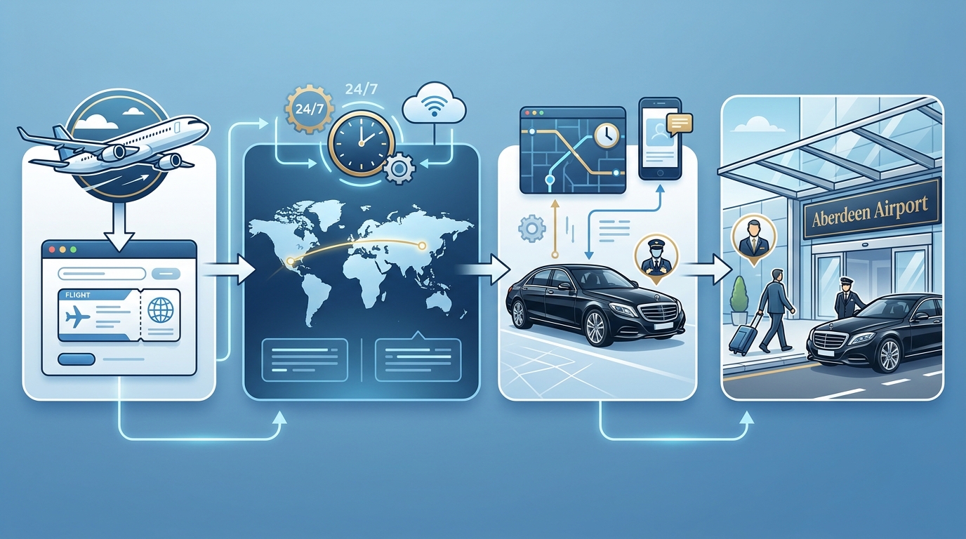 Infographic or diagram showing the flight tracking process: flight details input → real-time monitoring → automatic chauffeur adjustment → seamless pickup at arrivals